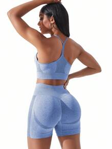 Easithlete 无缝高弹力运动胸罩搭配骑行短裤女士健身套装女士健身套装女士紧身裤套装 - 藍色 - 查看 4