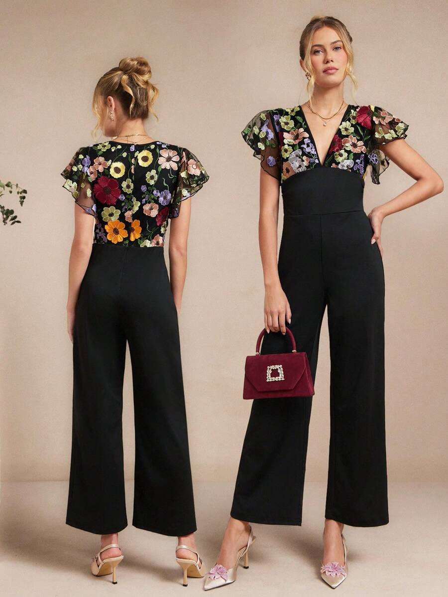 Amorya 女士优雅V领盖袖收腰修身高端黑色撞色刺绣3D花朵阔腿裤，适合多种场合日常穿着 - 彩色 - 查看 1