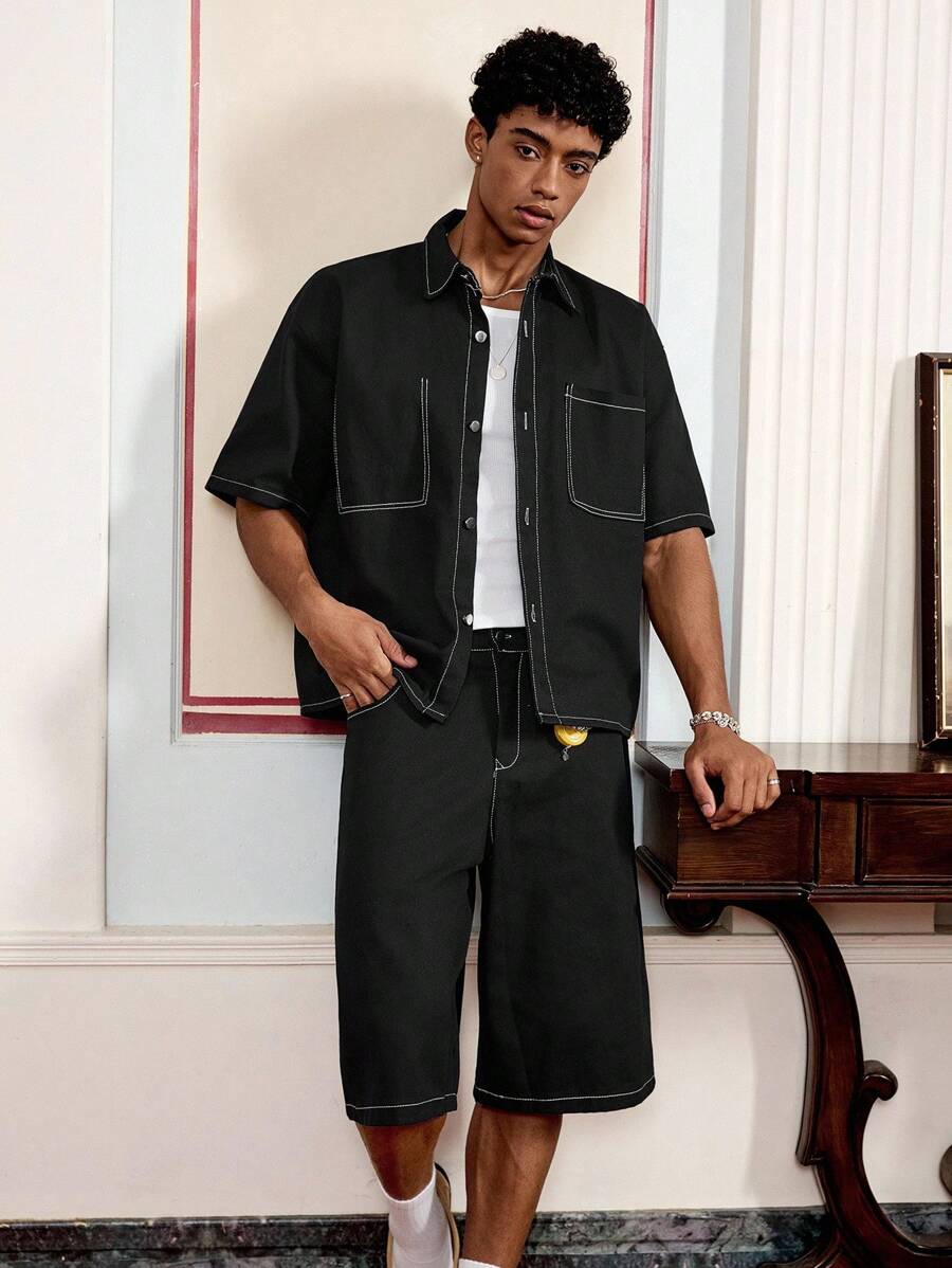SWAVVY Men's Casual Loose Vintage Style Shirt & Shorts Set, Summer - Black - View 1