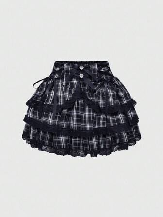 EDITION Plus Size Plaid Bow Decor Lace Patchwork Skirt