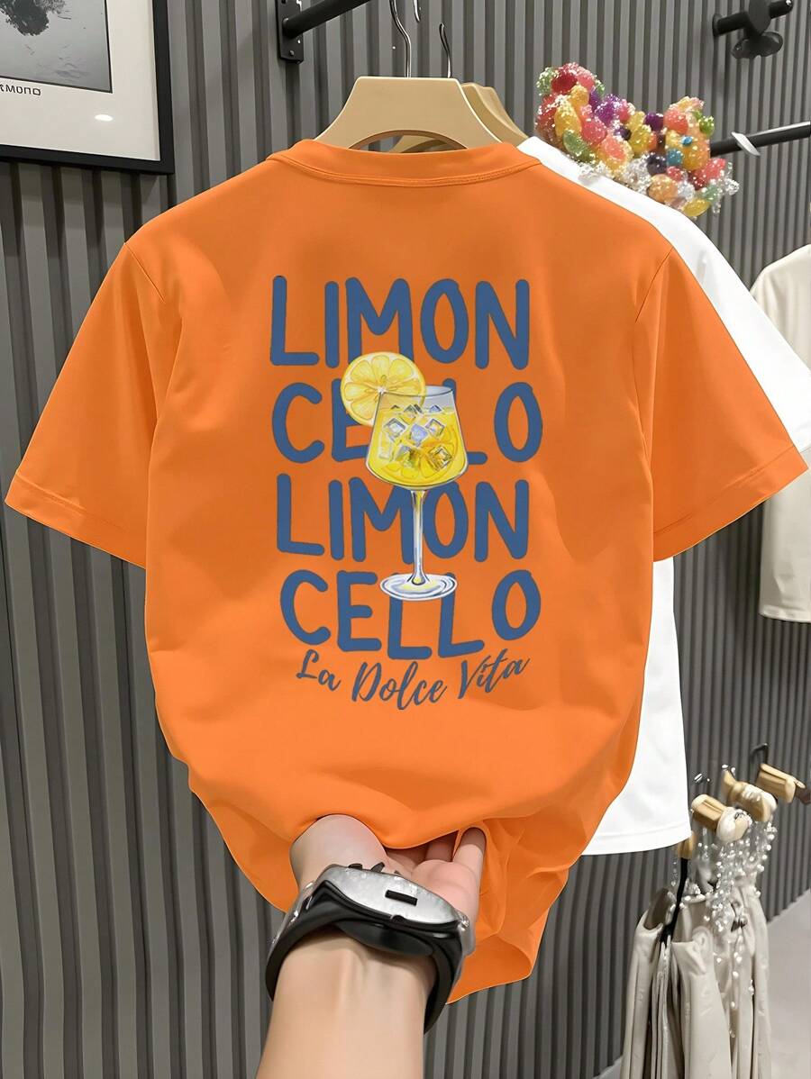 Claim Dot 大码男士休闲字母图案圆领短袖 T 恤，夏季 - 亮橙色 - 查看 1