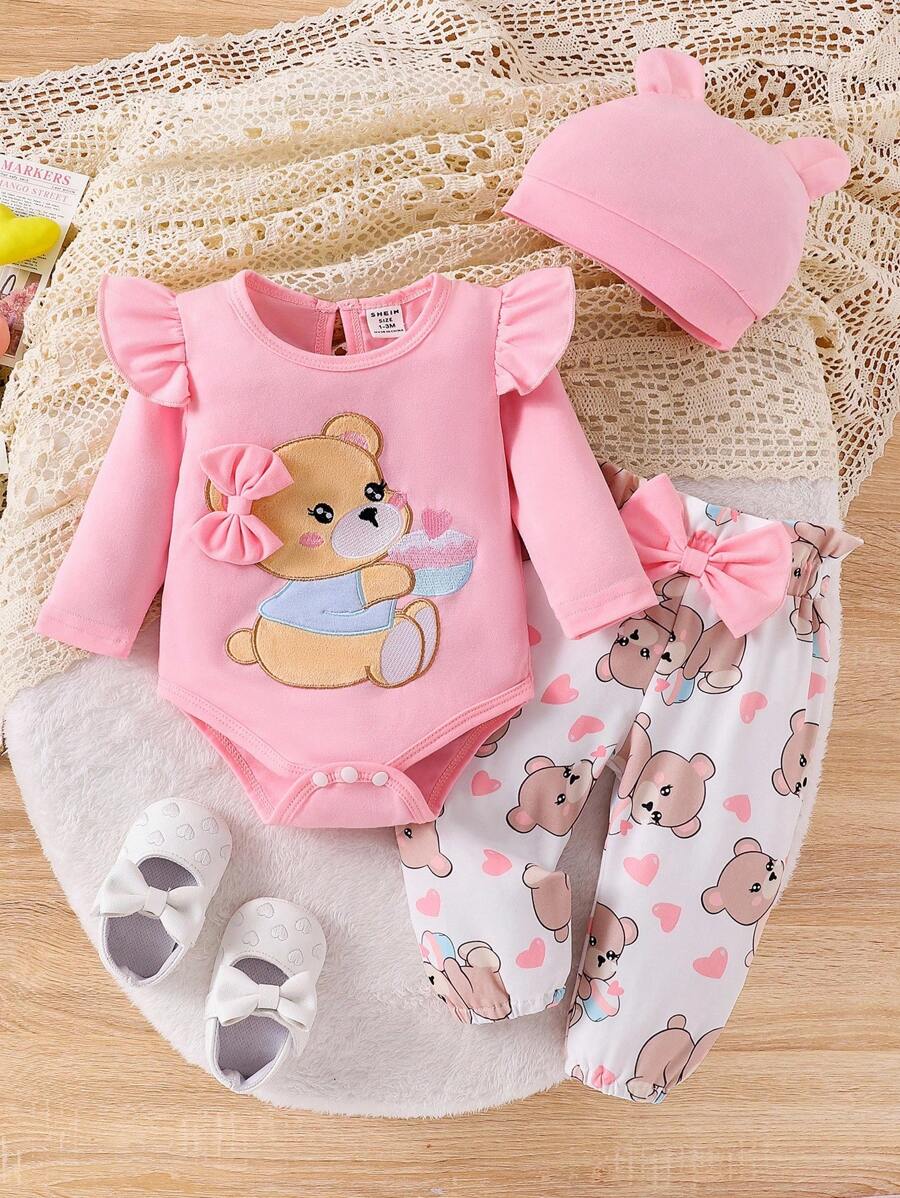 SHEIN Playful Pals Baby Mädchen Set aus Bodysuit mit Bären Muster und digital bedruckter Hose - Babypink - Übersicht 1