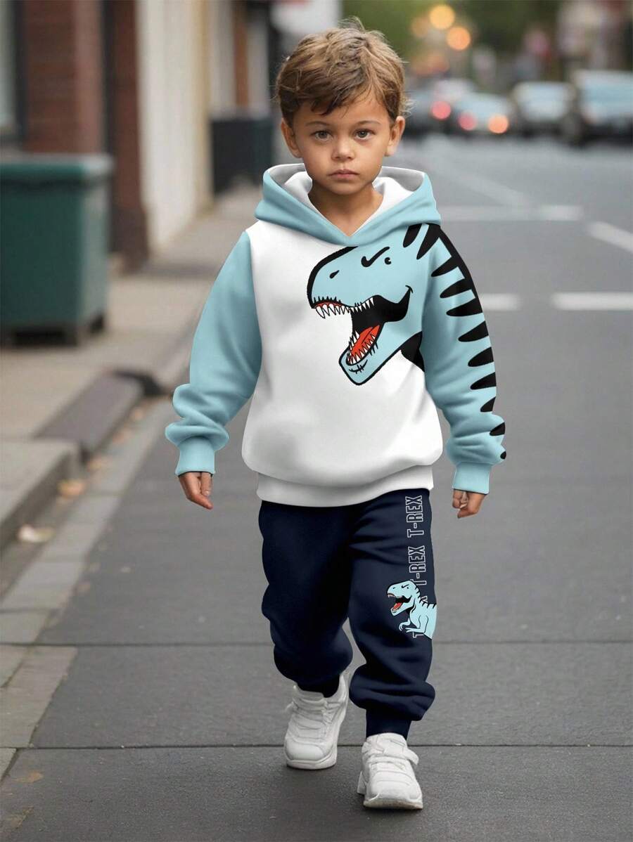 SHEIN Bộ 2 áo hoodie dài tay in hình khủng long xanh dễ thương thoải mái cho bé trai, phù hợp cho mùa thu/đông - Nhiều màu - Xem 1