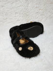 Autumn/Winter Fashion Versatile Casual Cute Plush Bear Lining Warm Anti-Slip Flats For Toddler Girls - Black - View 4
