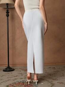 SHEIN Unity Elegant Romantic Fashion V-Neck Studded Ruched Fitted Bodycon Slit Hem Skirt, Fairy Skirt - White - View 2