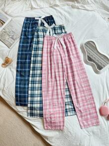 SHEIN 3pcs Women's Casual Satin Bow Elastic Waist Plaid Print Pajama Pants, Sleepwear Plaid Pants, Fall Clothes Cozy And Elegant Details, Winter