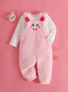 SHEIN 2pcs Baby Girls Casual Cute Round Neck Long Sleeve T-Shirt And Bib Overalls With Embroidery Plush Pants Set, Autumn/Winter - Multicolor - View 6