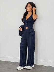 SHEIN PETITE Women's Casual Commuter Striped Jacket, Vest And Pants Suit Women Three Pieces Set Pinstripe Pantsuit, Winter Clothes For Women,Zip-Up,Casual Outfit For Women,Elegant Women's Set,Business Old Money Style Suit
