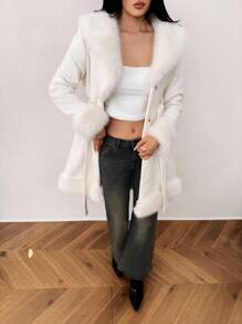 SHEIN Tall 秋冬女士时尚人造毛皮拼布夹克 - 米色 - 查看 7