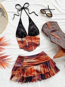 Soleia New Gradient Printed Halter Backless Crop Top & Mini Skirt 2 Pieces Set, Perfect For Beach Vacation Sunset Colors Outfit, Desert Outfit, Havana Nights Outfit, Tequila Sunrise Outfit, Coastal Cowgirl Outfit - Multicolor - View 5