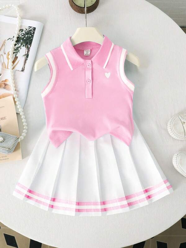 SHEIN Set da 2 pezzi per ragazze, top smanicato con colletto alla polo e stampa a cuori, gonna plissettata con bordo in nastro, stile scolastico per l'estate e il ritorno a scuola
