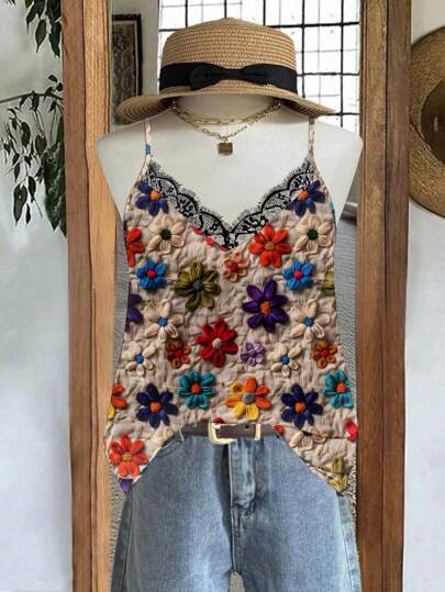 EMERY ROSE 大码女式花卉印花 V 领蕾丝花边吊带背心，休闲/度假