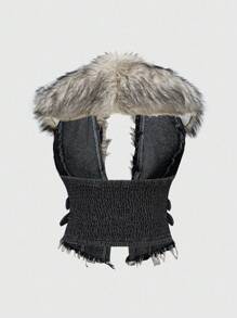 ROMWE Hippie Y2K Detachable Faux Fur Collar Denim Jacket For Women - Black - View 4