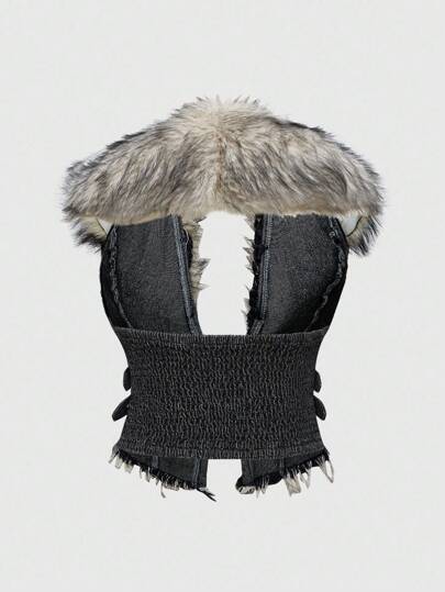 Hippie Y2K Detachable Faux Fur Collar Denim Jacket For Women