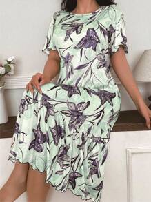 Serenescape 全身花卉印花生菜下摆休闲女式睡袍 - 綠色 - 查看 4