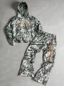 PAVTROS 男士街头风格流行 INS 搭配仿生迷彩“自由”刺绣连帽衫和裤子套装，适合户外音乐节、夜总会、男友/丈夫礼物、周年纪念礼物、男士迷彩两件套、男士慢跑套装、男士迷彩运动服、男士户外服装套装、秋装 - 彩色 - 查看 1