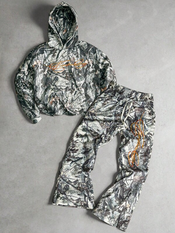 PAVTROS Conjunto de sudadera con capucha y pantalones de estilo callejero popular con bordado "Freedom" de camuflaje biónico para hombre, adecuado para festivales de música al aire libre, discotecas, regalo para novio/esposo, regalo de aniversario, conjunto de camuflaje de 2 piezas para hombre, conjunto de jogger para hombre, chándal de camuflaje para hombre, conjunto de ropa exterior para hombre, ropa de otoño