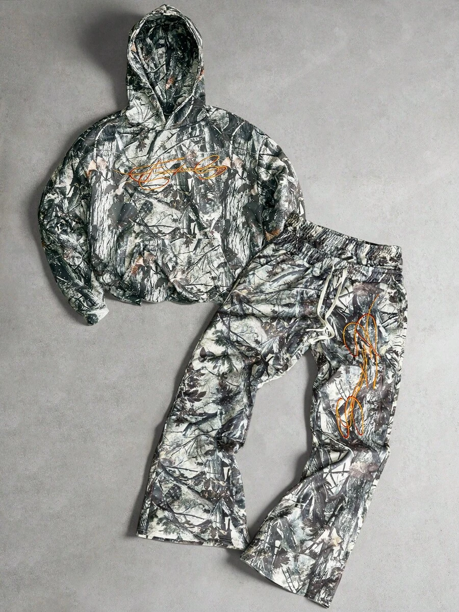 PAVTROS 男士街头风格流行 INS 搭配仿生迷彩“自由”刺绣连帽衫和裤子套装，适合户外音乐节、夜总会、男友/丈夫礼物、周年纪念礼物、男士迷彩两件套、男士慢跑套装、男士迷彩运动服、男士户外服装套装、秋装 - 彩色 - 查看 1