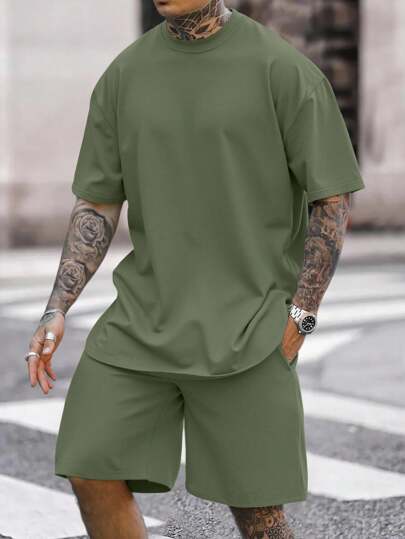 Manfinity Homme Camiseta sólida y pantalones cortos con cordón para hombre