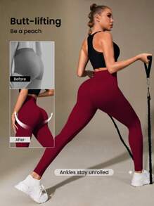 Easithlete Burgundy Rib-Knit High-Waisted Long Sports Seamless Leggings With Tummy Control And -Lifting Design Yoga Women Pants - Burgundy - View 6