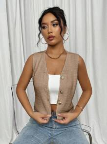 Elenzga Áo len cardigan dáng ôm không tay cổ chữ V sâu phong cách Âu Mỹ mới 2024 dành cho nữ - Màu Khaki - Xem 4