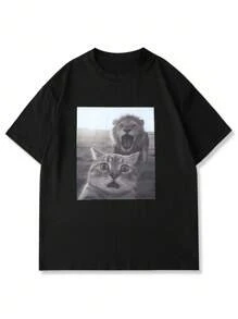 Manfinity ZONE917 Men's Cat Print Short Sleeve T-Shirt, Men's Casual Outdoor T-Shirt Cat T-Shirt Funny Cat T- Shirt Meme Print Tee