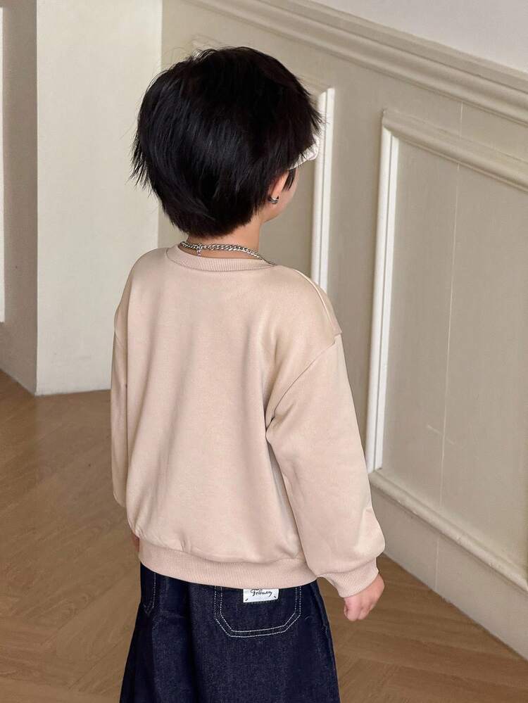 SHEIN 男童休闲卡其色字母图案圆领运动衫 - 卡其色 - 查看 3