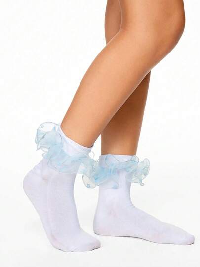Kawaii 1 Pair Women's Lace Trim Reversible Mid-Calf Socks, Suitable For All Seasons