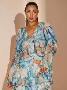 SHEIN BAE Plus Size Women Flounce Marble Print Long Sleeve Sheer Blouse, Elegant Casual Vacation Tops/Long Sleeve Top/Summer Top/Fall Wedding Guest Top Curve/Club Women Sexy/Teacher Plus Size/Halloween Plus Size/Halloween/Airport/Western/Back To School/Birthday Top For Women/Plus Size Top/Holiday/Rave,Fall - Blue - View 2