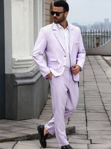 Manfinity Mode Plus Size Men's Linen-Like Jacket And Pants Suit Set - Mauve Purple - View 3