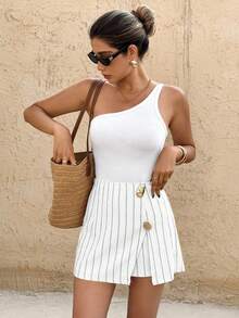 SHEIN Frenchy 女式金属装饰侧开衩条纹休闲短裙 - 白色 - 查看 1