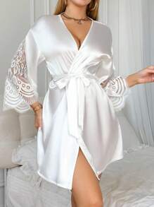 SilkySpell Lace Backless Sexy Robe, Satin Comfortable Extremely Alluring Women Sleepwear - White - View 4
