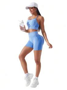 Easithlete Áo ngực thể thao co giãn cao liền mạch kèm quần short biker tập luyện cho nữ Bộ tập luyện cho nữ - Màu xanh lam - Xem 5