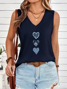 EMERY ROSE Casual Versatile Blue Faux Mechanical Heart Graphic V-Neck Tank Top For Women, Suitable For Summer Navy Blue Tank Top - Navy Blue - View 6