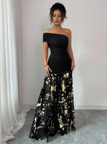 Elenzga Randomly Printed Asymmetrical Shoulder Strapless Knit Elastic Bodycon Vintage Elegant Luxurious Little Black Dress, Metallic Foil Chiffon Mermaid Low Waist Floor Length Gown For Graduation, Party, Banquet - Black - View 4