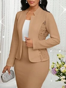 SHEIN Lady 2025秋冬新款女士优雅通勤纯色蕾丝拼接西装外套和半身裙套装商务休闲女装 - 卡其色 - 查看 7