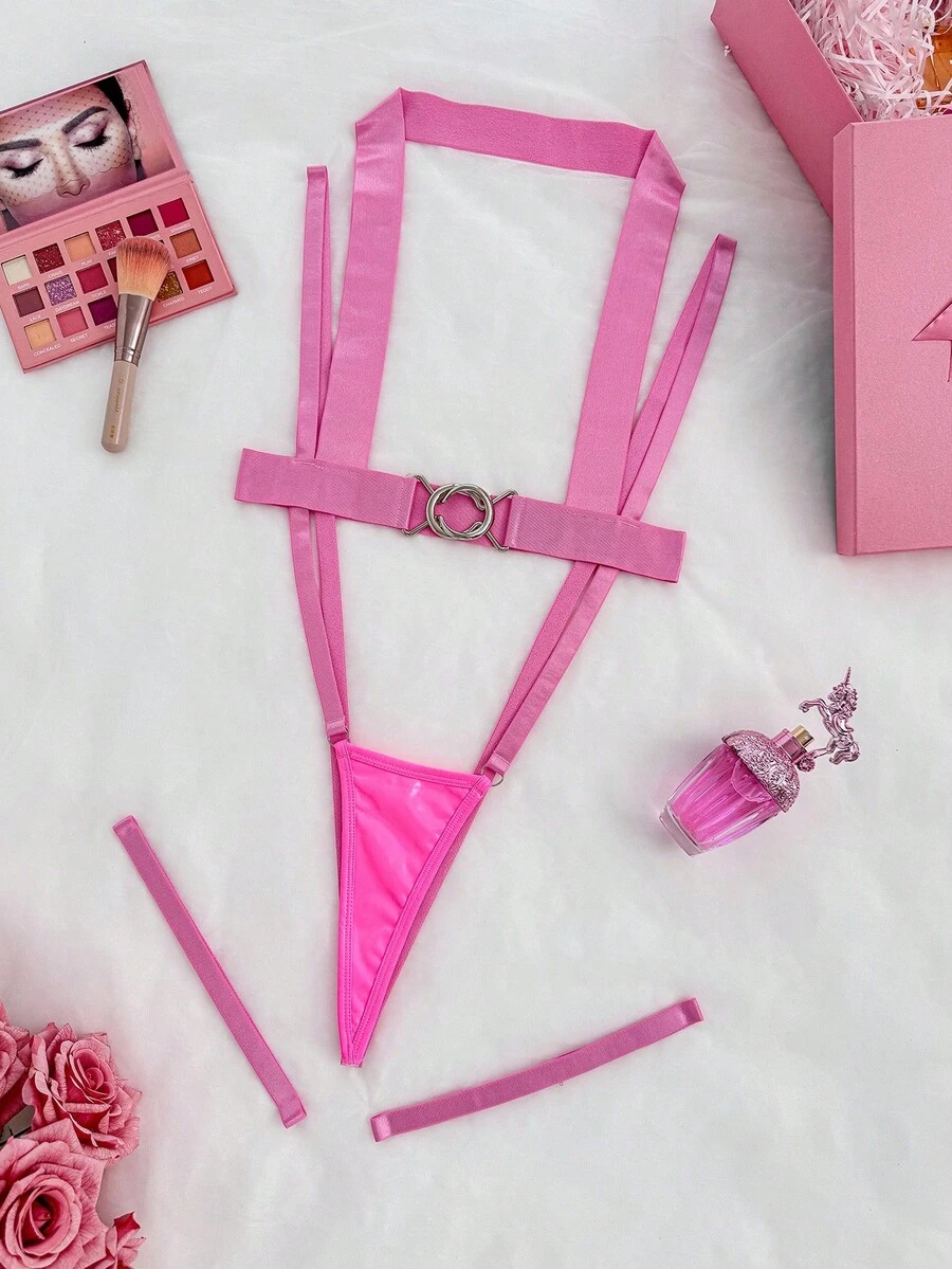 Fantasy Costume 3pcs Women's Metal Decor Hollow Sexy Lingerie Costume, Rave - Hot Pink - View 1