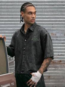 AXEPEAK 翻领短袖宽松短款印花男士衬衫 - 黑色 - 查看 3