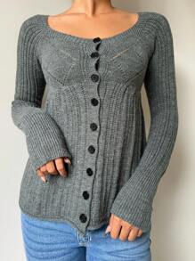 SHEIN EZwear 秋冬女士常规纯色圆领前扣长袖开衫