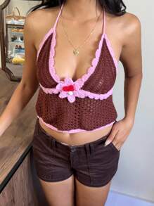 SHEIN EZwear Women's Vacation Casual Contrast Color Trim Backless Halter Knit Top - Brown - View 5