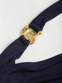 Sweetra New Halter Spiral Metal Decor Waist Cinched Flared Cake Hem Mini Dress For Women - Navy Blue - View 3