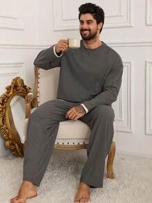 DAZY Men's Solid Dark Grey Textured Fabric Loungewear Set, Autumn, Fall Winter Clothes Pajama - Dark Grey - View 1