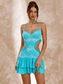 SHEIN BAE 纯橙色性感修身镂空蕾丝拼布女式紧身连衣裙，露背蕾丝连衣裙，夏季连衣裙，优雅连衣裙 - 淺藍色 - 查看 3