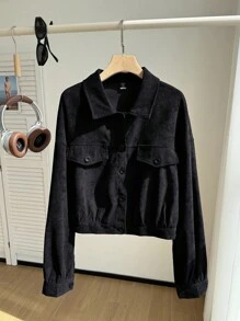 CovetEZ 加落肩翻盖细节短款灯芯绒夹克，适合冬季 - 黑色 - 查看 6