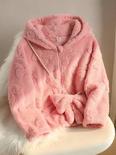 女童休闲可爱双面提花蝴蝶结连帽拉链夹克，带蝴蝶结装饰，舒适外套