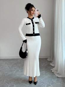 Selianne Women's Autumn Knit Sweater Cardigan&Skirt Two Pieces Set,White And Black Contrast Color Ellegant Tea Party Long Sleeve Stockholm Style Office Wear - Multicolor - View 7