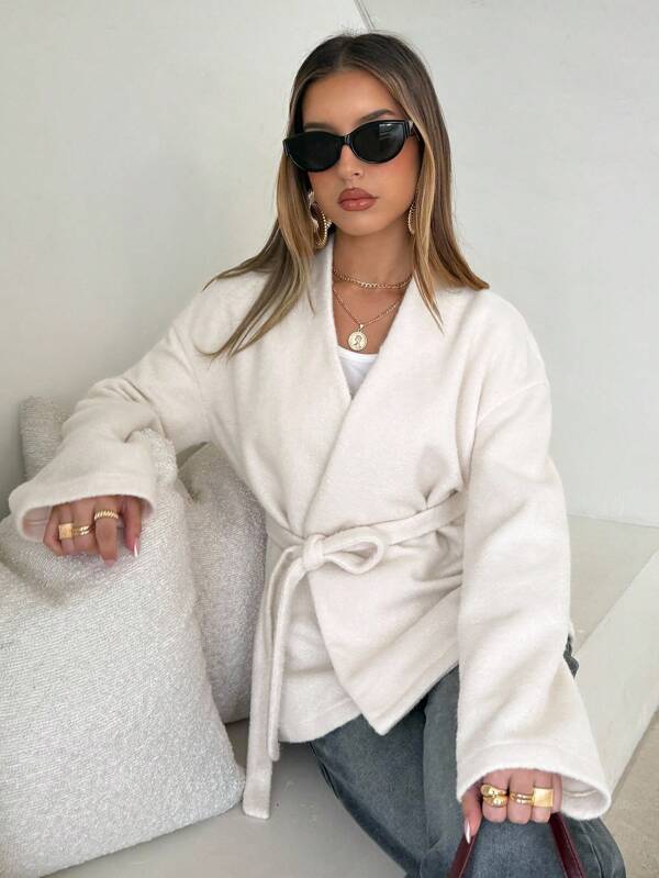 Aloruh Chaqueta regular con cuello en V profundo, cruzada y con cinturón, nueva para otoño/invierno para mujer