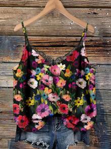 EMERY ROSE 加大码 V 领蕾丝拼布花卉印花吊带背心，优雅适合度假、约会、派对和时尚 - 彩色 - 查看 3