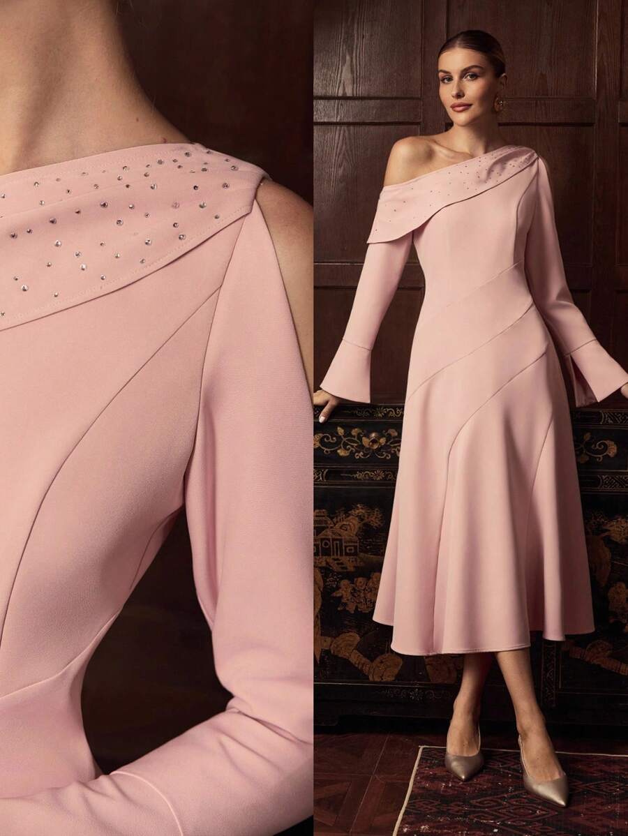 ZEYLAH Vestido de manga larga con cuello asimétrico elegante, para otoño/invierno