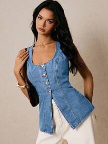 Poéselle 女式纯色简约无袖牛仔上衣，休闲日常穿着 - 中等水洗藍 - 查看 4